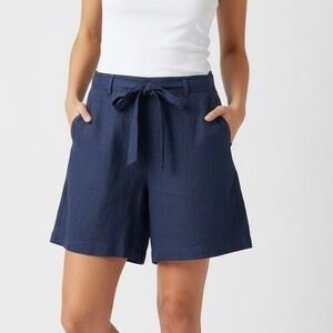 VTG BROOKS BROTHERS Linen Flax Walking Short 6 Navy Hi Rise Side Zip Tie Pocket